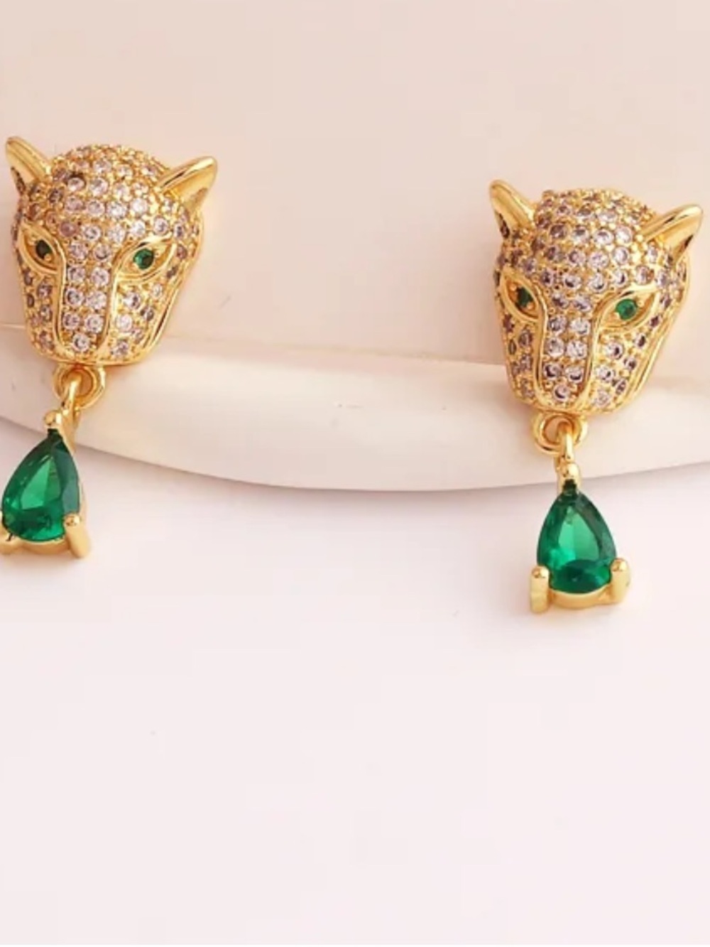 Anthropologie Gold Panther Head Earrings with Green Teardrops